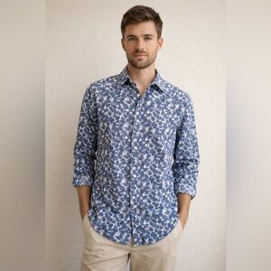 Zara Men Blue Floral Cotton Button-Up Shirt Size L Botanical Print Casual Shirt
